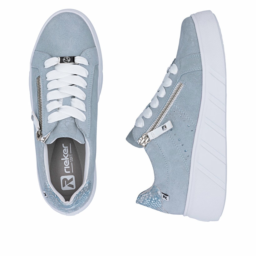 Blaue Rieker Damen Sneaker Low W2605-12 aus Rauleder. Schuh von oben, liegend.