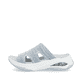 Blaue vegane Rieker Damen Pantoletten W3150-10 mit einem Gummizug. Schuh Außenseite.
