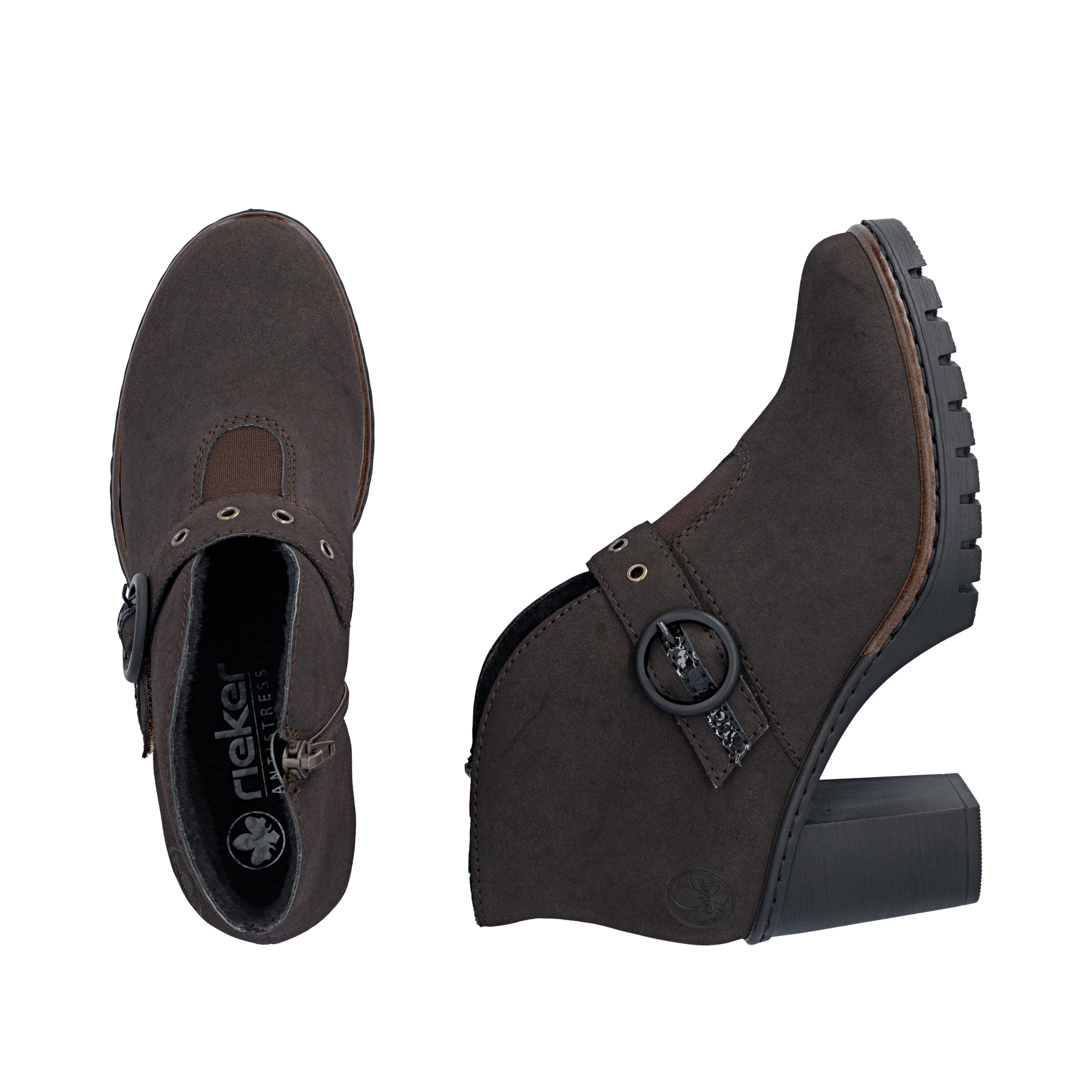 Dunkelbraune Rieker Damen Stiefeletten Y2586-25 mit einem Reißverschluss. Schuh von oben, liegend.