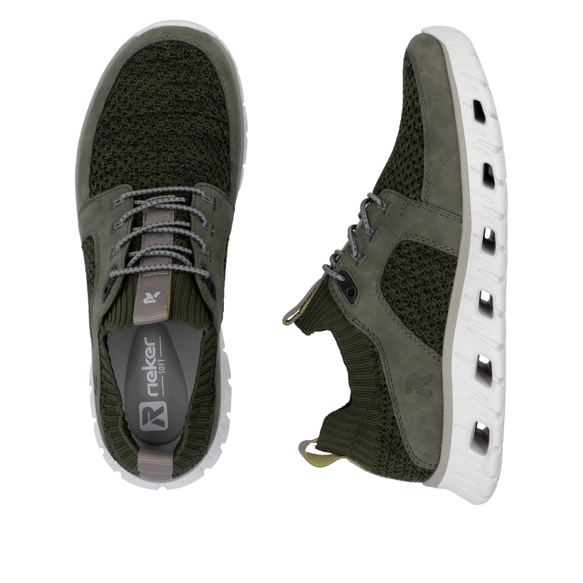 Grüne Rieker Herren Sneaker Low 04351-54 mit Gummizug sowie flexibler Sohle. Schuh von oben, liegend.