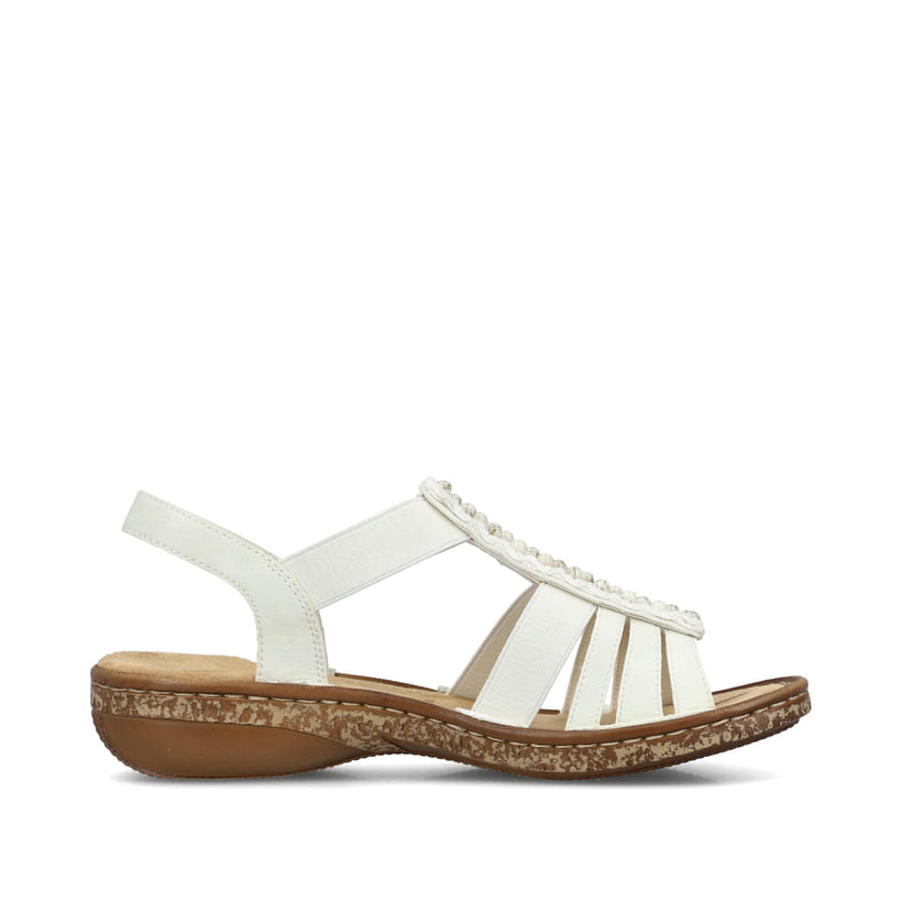Beige Rieker Damen Riemchensandalen 62809-60 mit Schmuckelementen sowie Gummizug. Schuh Innenseite.