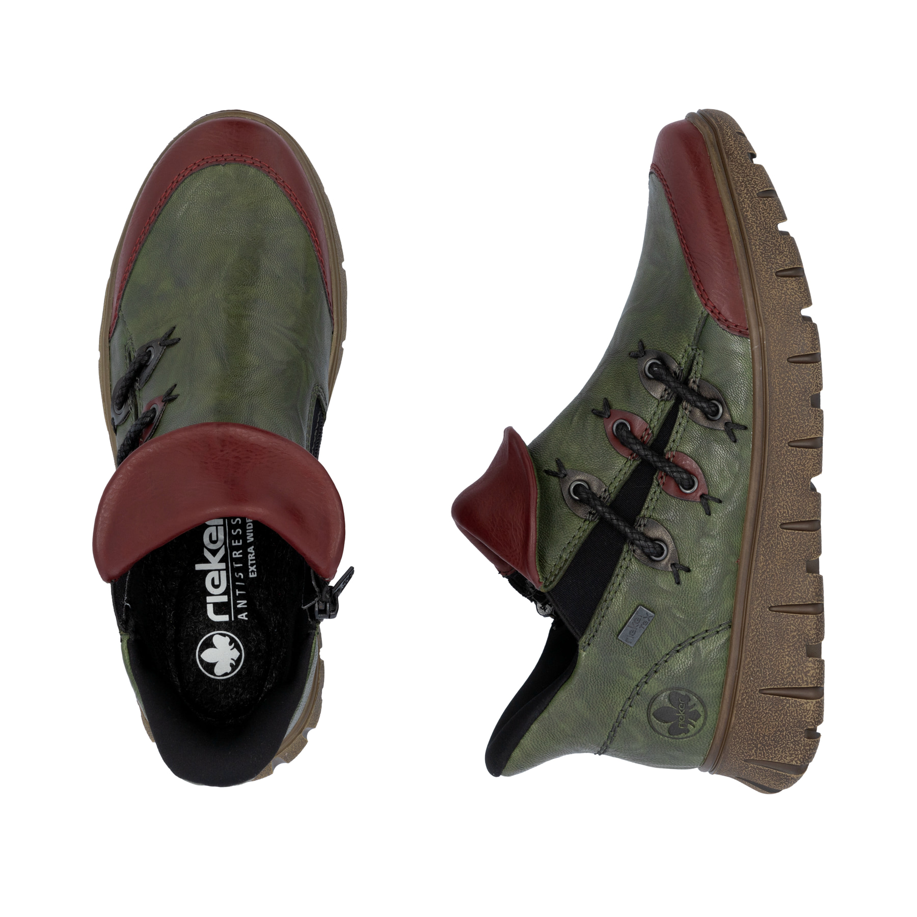 Grüne Rieker Damen Kurzstiefel N1353-52 aus Glattleder. Schuh von oben, liegend.