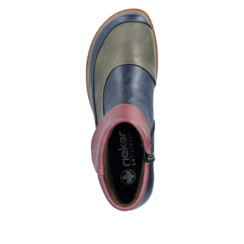 Dunkelblau-weinrote Rieker Damen Kurzstiefel Z9383-90 mit einem Reißverschluss. Schuh von oben.