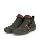 Grüne Rieker Damen Kurzstiefel 72581-54 mit bunten Details sowie Reißverschluss. Schuhpaar seitlich schräg.