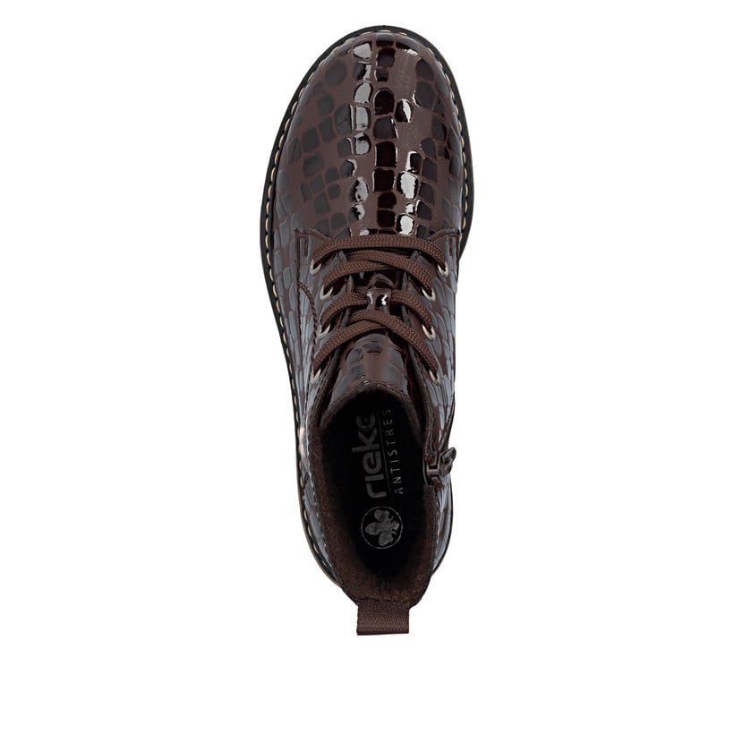 Dunkelbraune Rieker Damen Schnürstiefel 71205-25 mit auffälligem Logo. Schuh von oben.