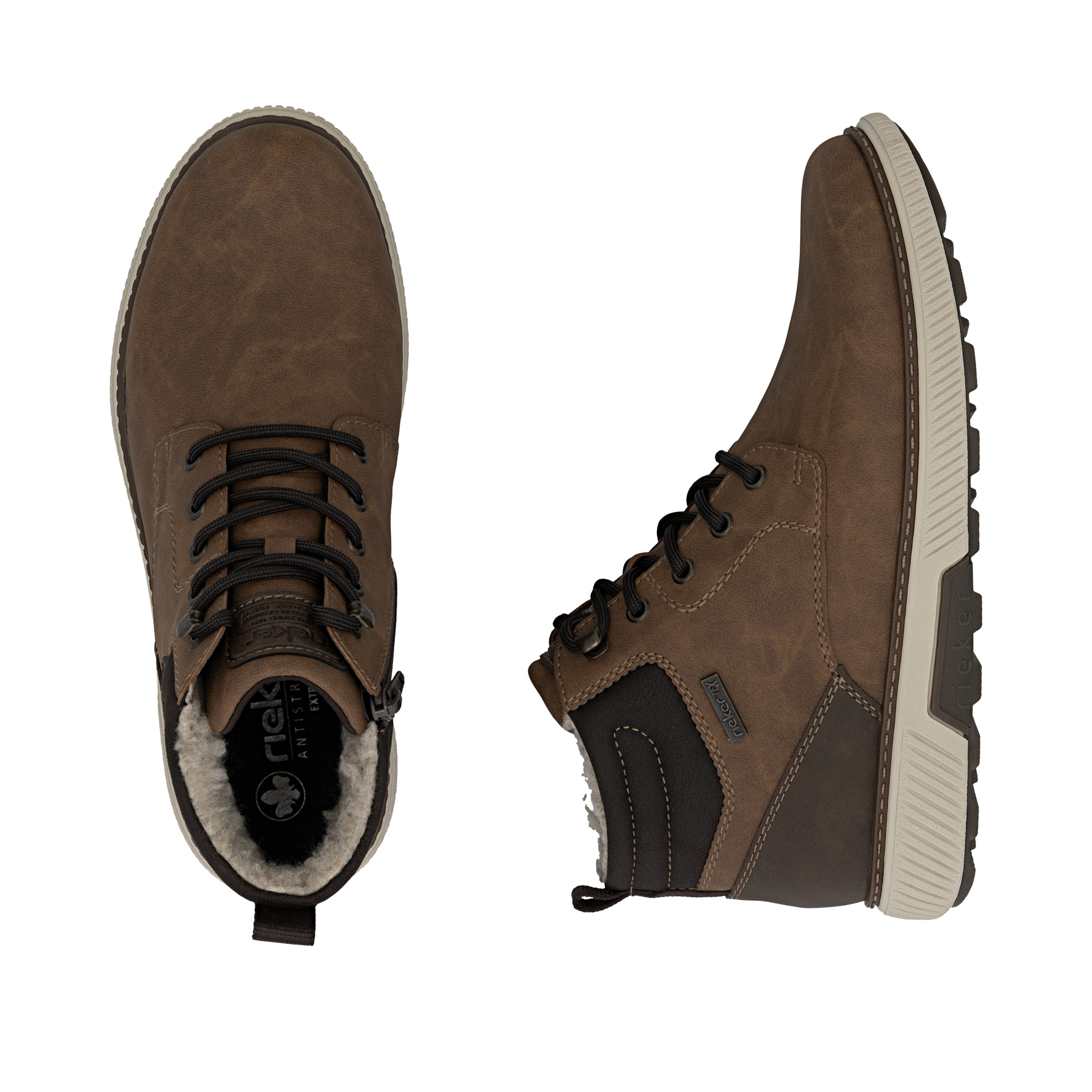 Bottes à lacets Rieker marron pour homme B3302-24 avec membrane RiekerTEX. Chaussure vue de dessus, couchée.
