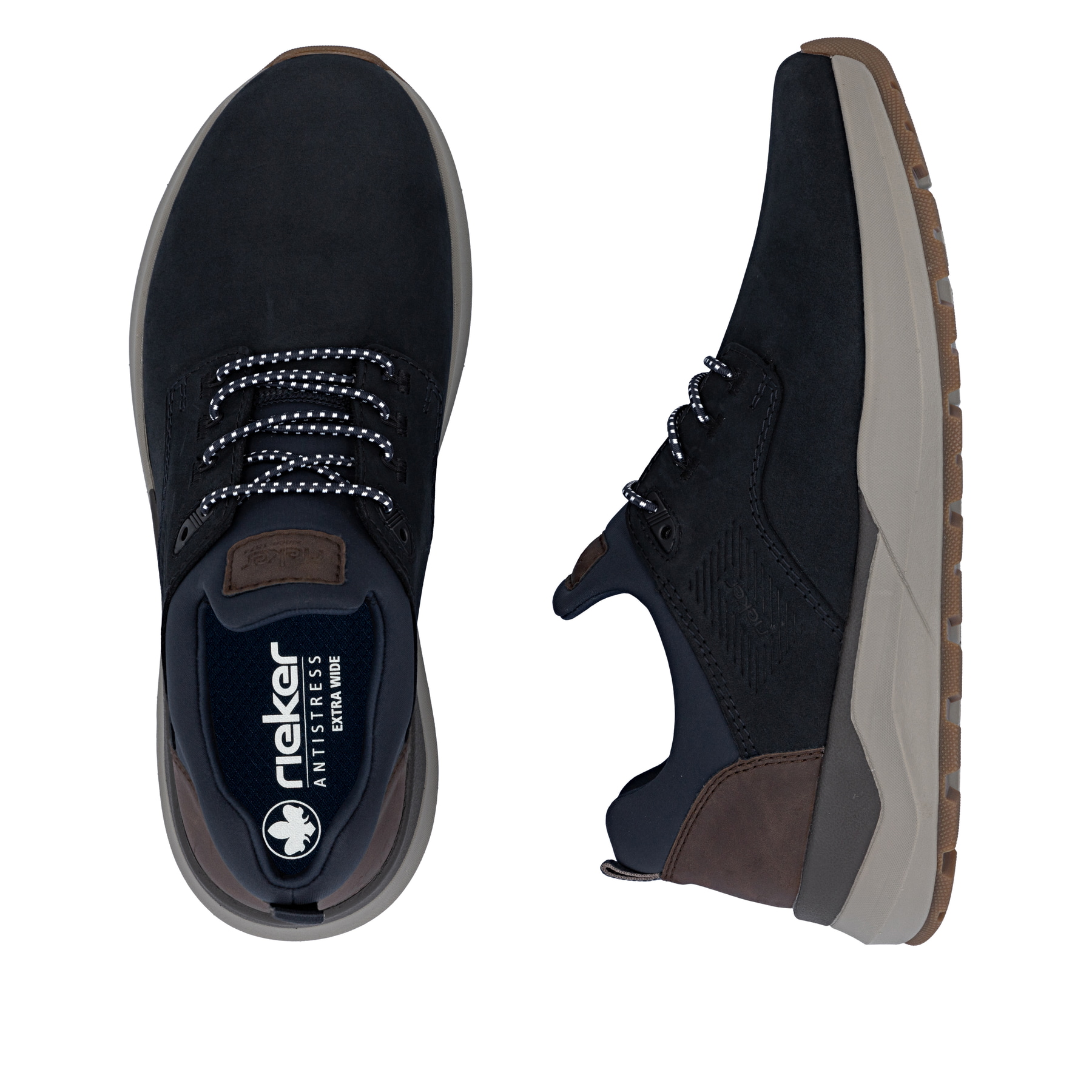 Mocassins Rieker bleus homme 06050-14 en cuir suédé avec bande élastique. Chaussure vue de dessus, couchée.