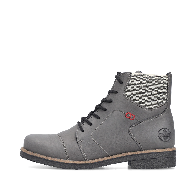 Dunkelgraue Rieker Damen Schnürstiefel 73522-45 mit einem Reißverschluss. Schuh Außenseite.