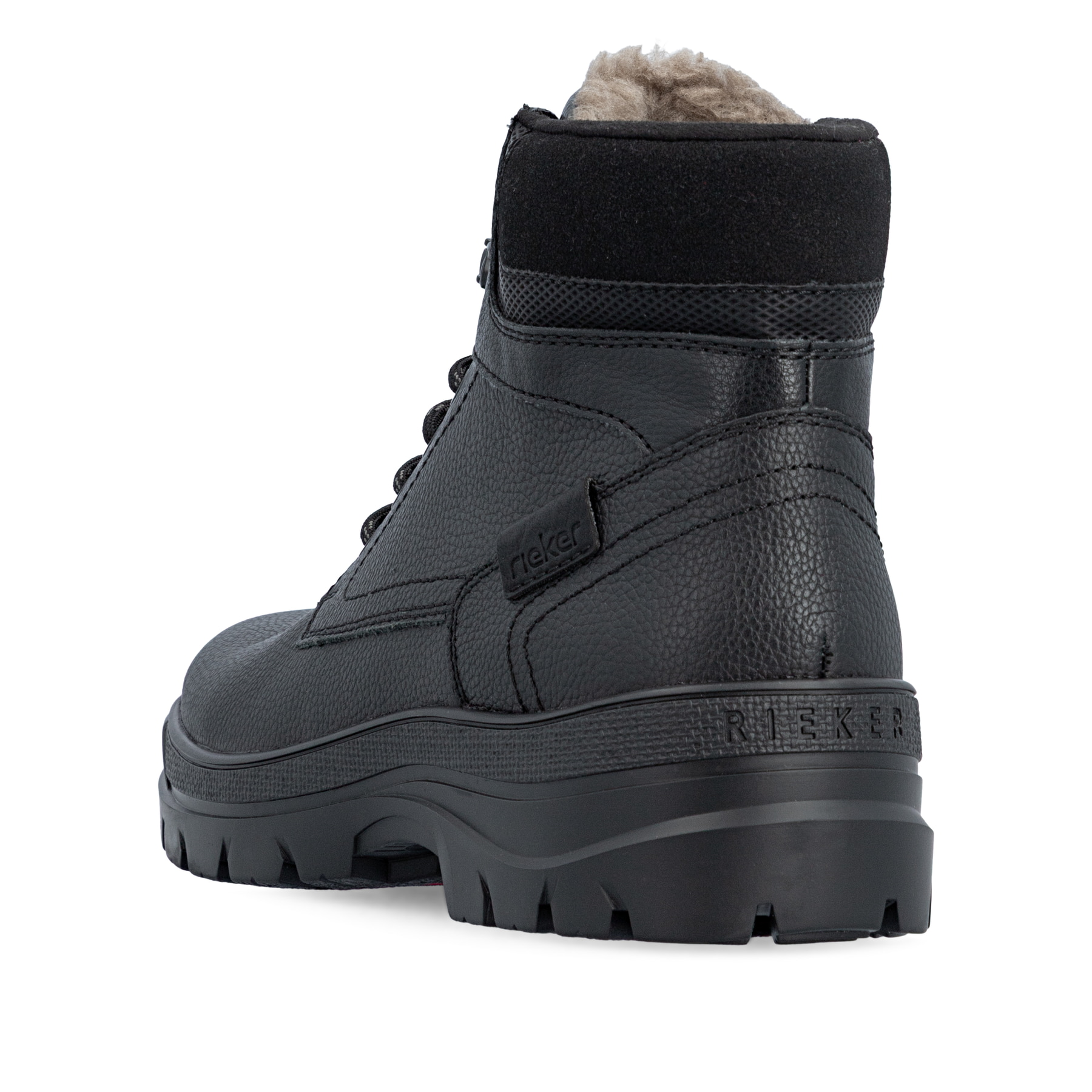 Schwarze Rieker Herren Schnürstiefel F5400-00 aus Glattleder mit Flip-Grip Sohle. Schuh von hinten.