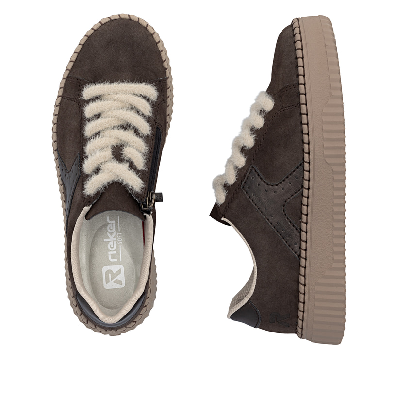 Braun-beige Rieker Damen Sneaker Low N9920-25 mit flauschigen Schnürsenkeln. Schuh von oben, liegend.