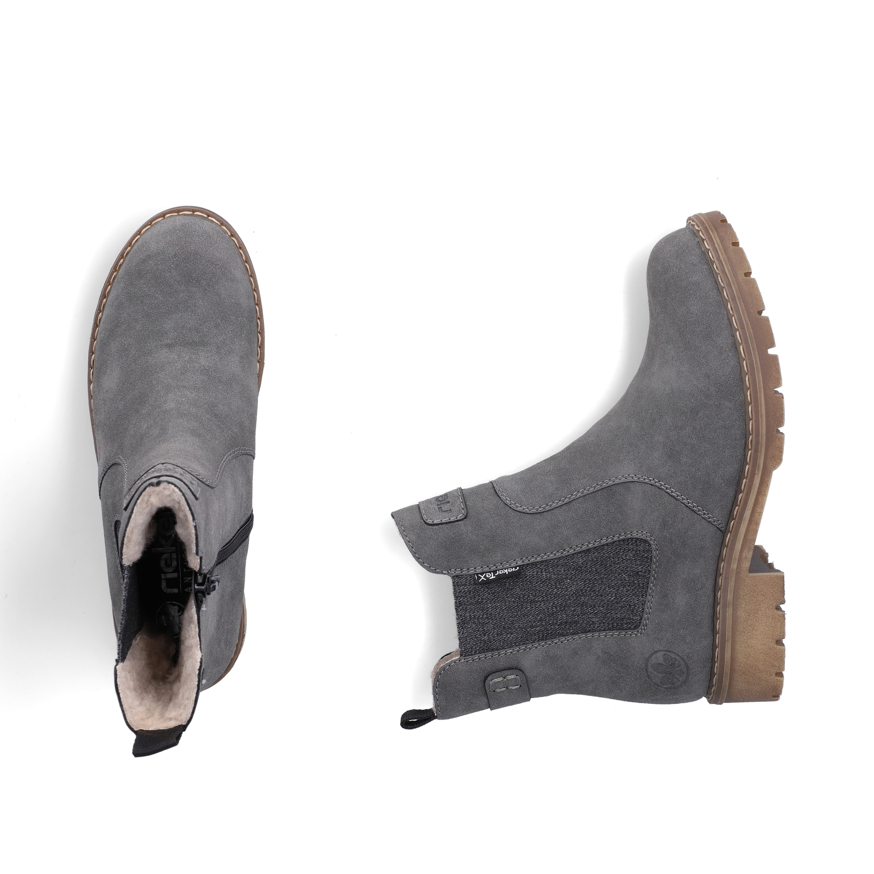 Dunkelgraue Rieker Damen Chelsea Boots Y9160-45 mit einem Reißverschluss. Schuh von oben, liegend.