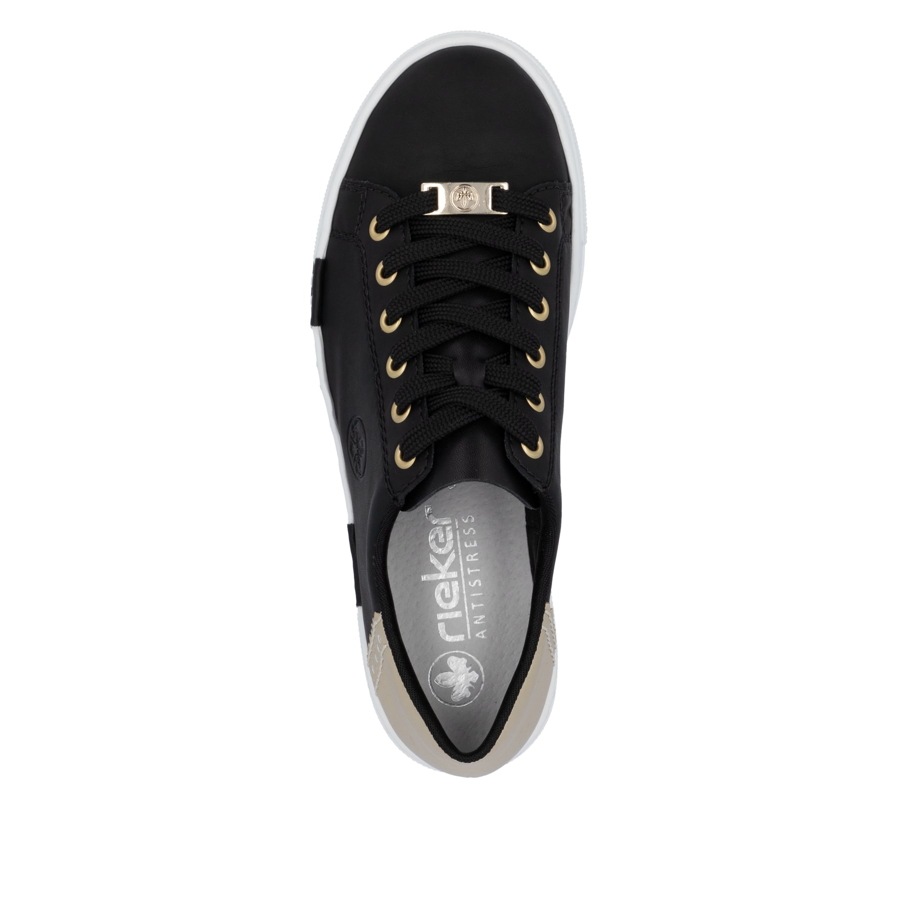 Schwarze Rieker Damen Sneaker Low N4931-00 mit einer Schnürung. Schuh von oben.