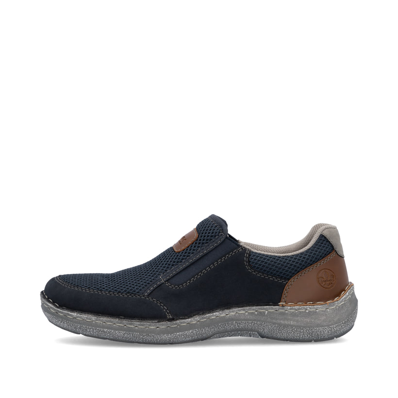 Blaue Rieker Herren Slipper 03053-14 mit einem Gummizug sowie der Extraweite H. Schuh Außenseite.