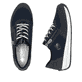 Blaue Rieker Damen Sneaker Low N1111-14 mit einem Reißverschluss. Schuh von oben, liegend.