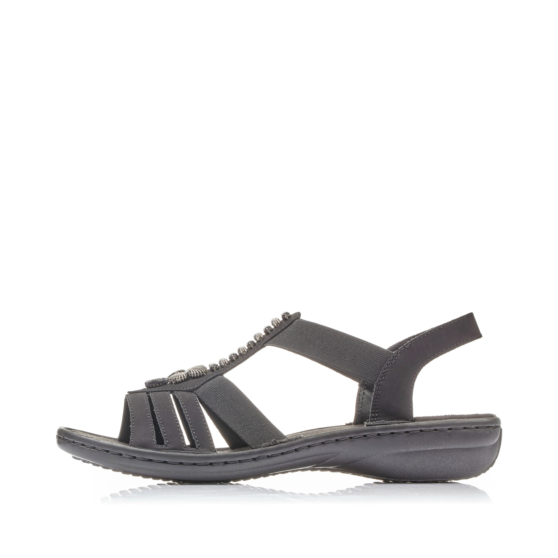 Schwarze Rieker Damen Riemchensandalen 60806-00 mit Schmuckelementen. Schuh Außenseite.