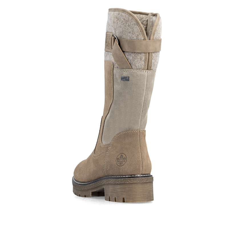Beige Rieker Damen Hochschaftstiefel Y8153-64 aus Rauleder. Schuh von hinten.