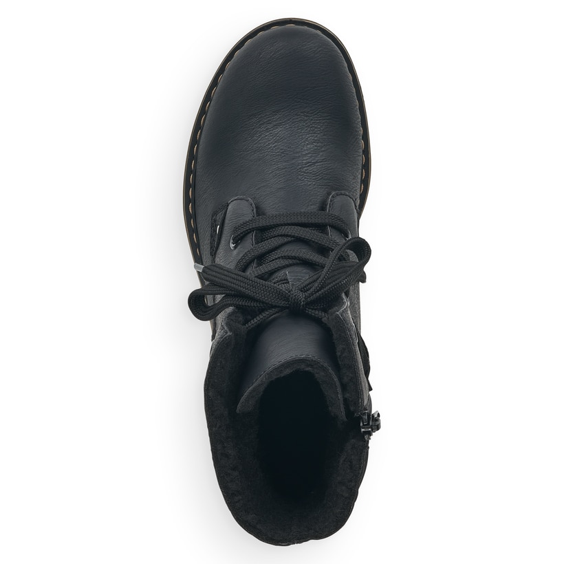 Schwarze Rieker Damen Schnürstiefel 71229-02 mit einem Reißverschluss. Schuh von oben.