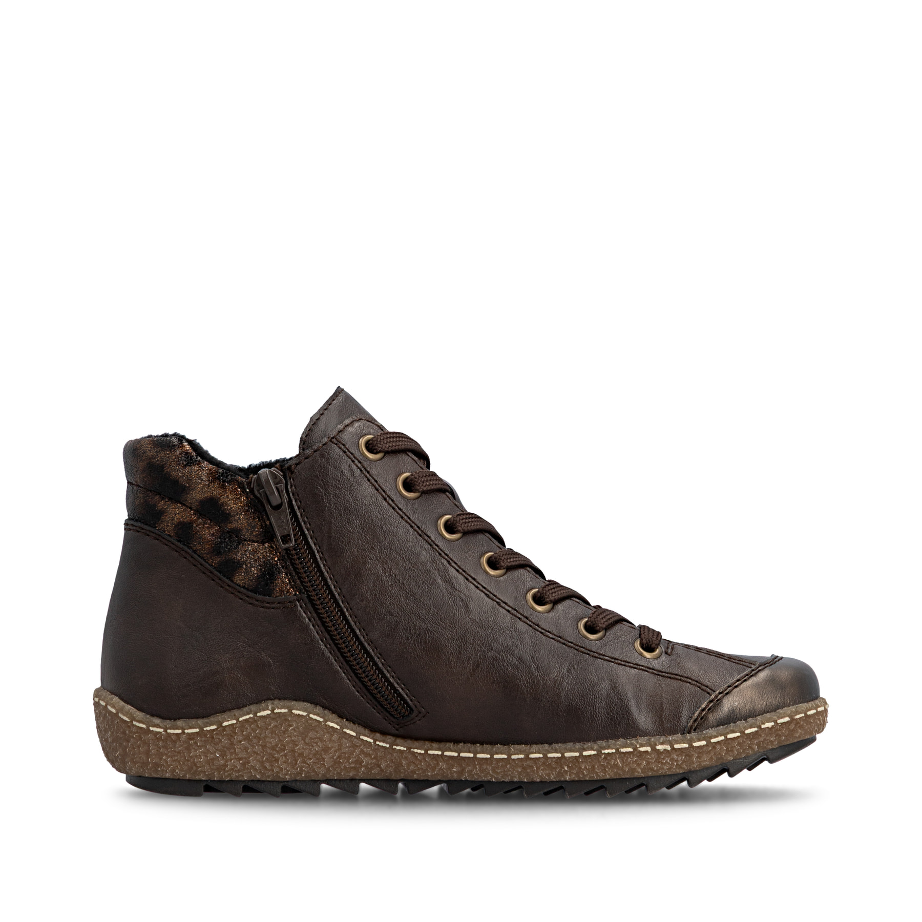 Dunkelbraune Rieker Damen Kurzstiefel L7514-25 mit wasserabweisender TEX-Membran. Schuh Innenseite.