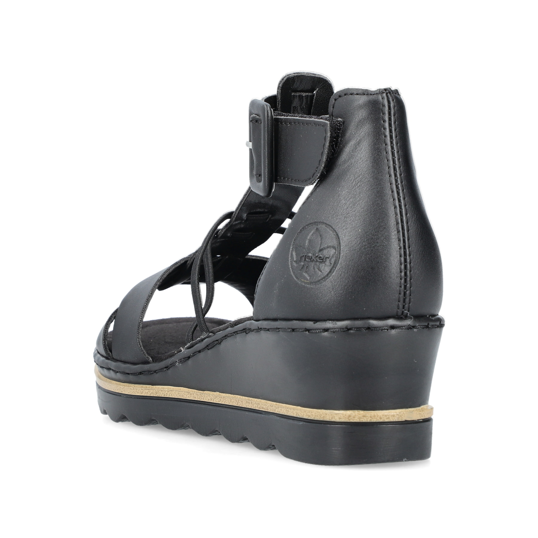 Schwarze Rieker Keilsandaletten 67480-01 mit trendigen Schnalle. Schuh von hinten.