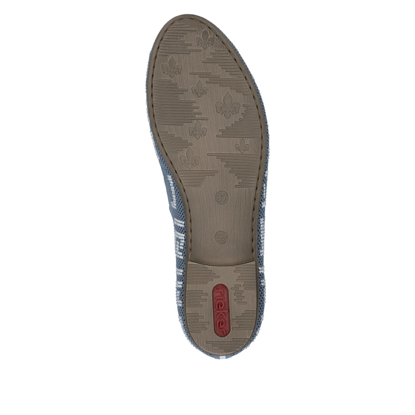 Blaue Rieker Damen Loafer 51953-12 mit Gummizug sowie extra weicher Decksohle. Schuh Laufsohle.