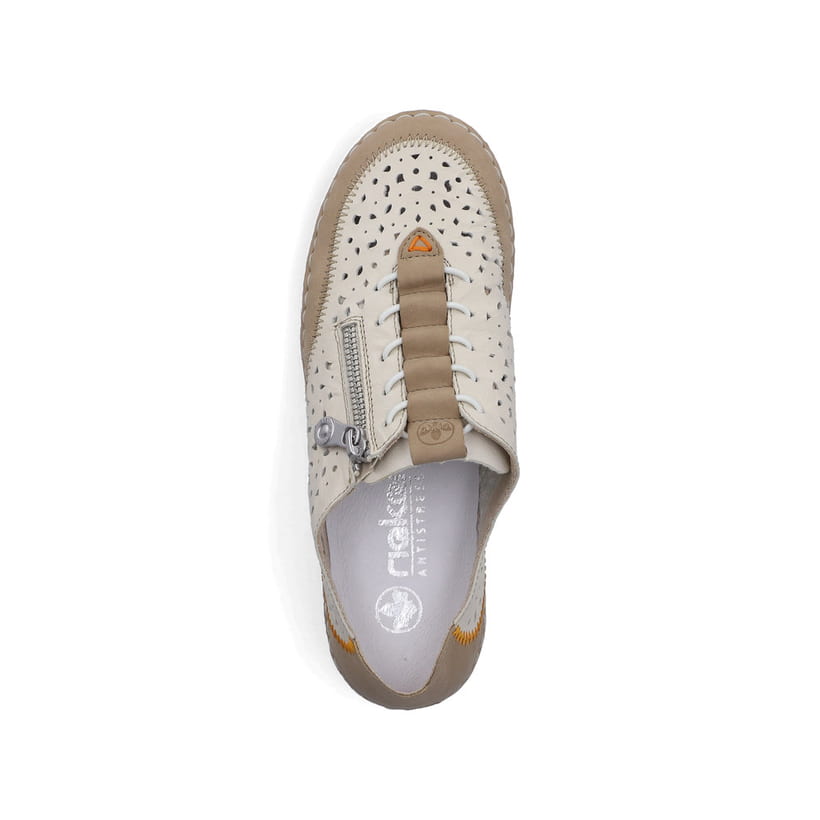 Mocassins Rieker beiges pour femme 43665-64 en cuir lisse. Chaussure vue de dessus.