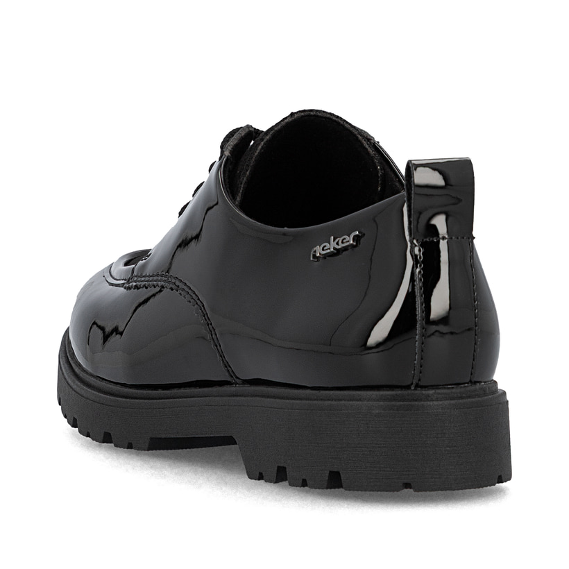 Schwarze Rieker Damen Schnürschuhe 45500-00 mit einer extra weichen Decksohle. Schuh von hinten.