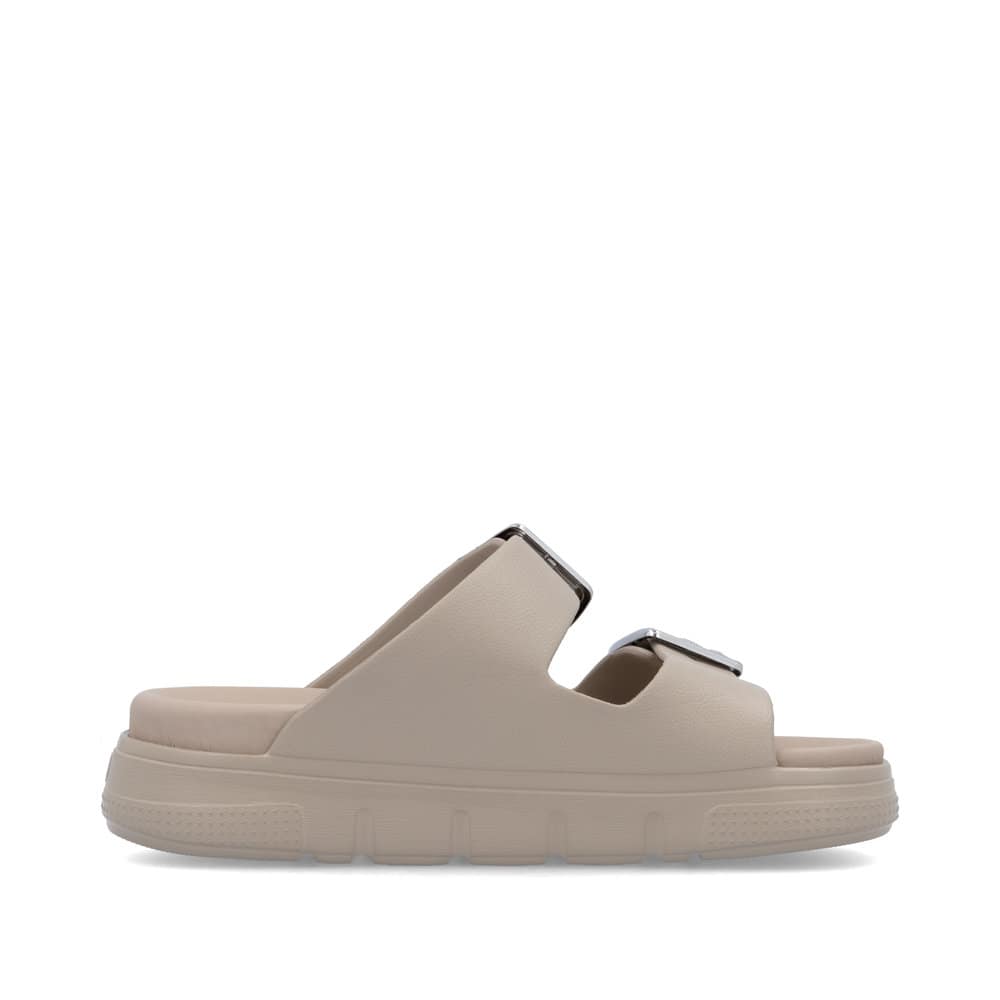 Beige Rieker Damen Pantoletten P2180-60 mit Schnallen sowie ultraleichter Sohle. Schuh Innenseite.