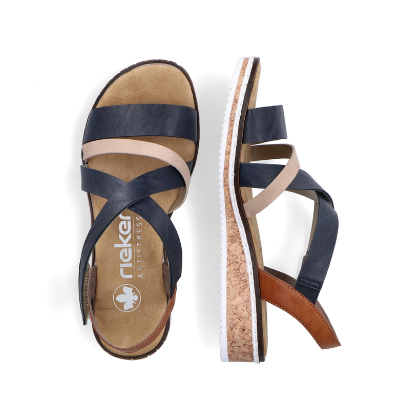 Blaue Rieker Keilsandaletten V3663-91 mit Klettverschluss sowie leichter Sohle. Schuh von oben, liegend.