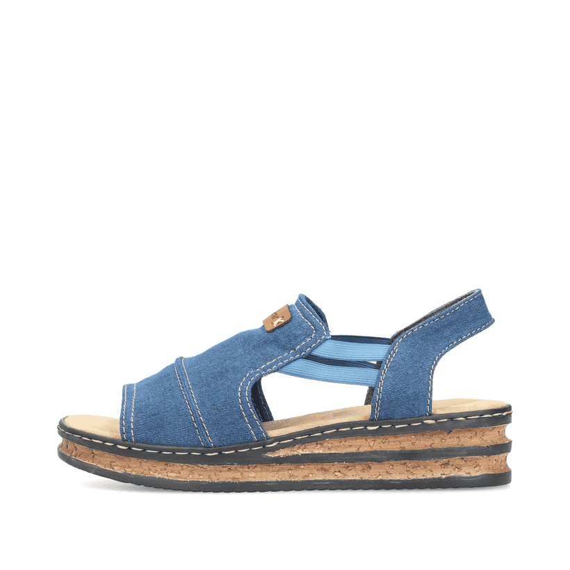 Blaue vegane Rieker Keilsandaletten 62982-12 mit moderner Spannnaht. Schuh Außenseite.