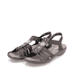 Graue Rieker Damen Riemchensandalen 608G9-47 mit einem Elastikeinsatz. Schuhpaar seitlich schräg.