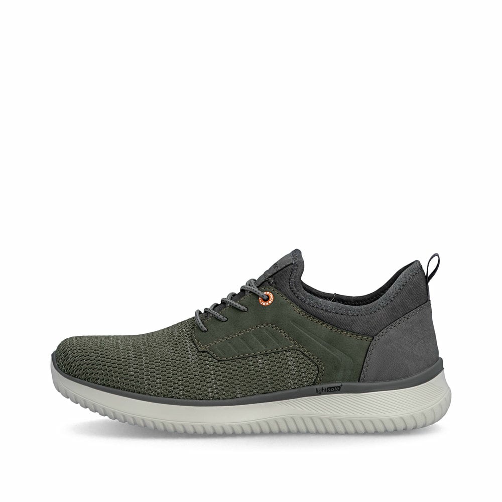 Mocassins Rieker verts pour homme B9651-52 avec bande élastique. Côté extérieur de la chaussure.