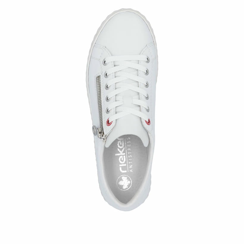 Baskets basses Rieker blanches pour femme N0900-81 en cuir lisse. Chaussure vue de dessus.