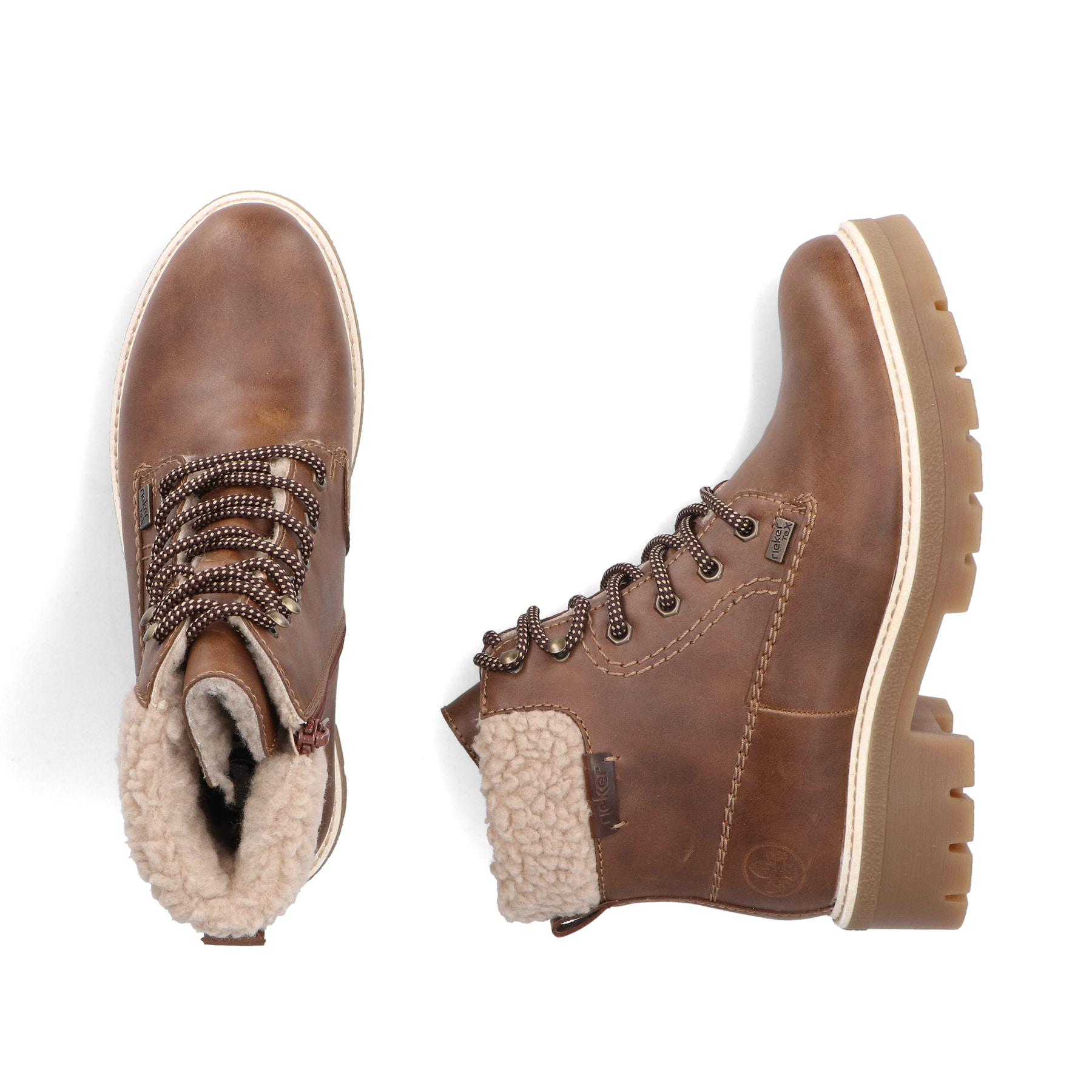Braune Rieker Damen Schnürstiefel Y8118-22 mit wasserabweisender TEX-Membran. Schuh von oben, liegend.