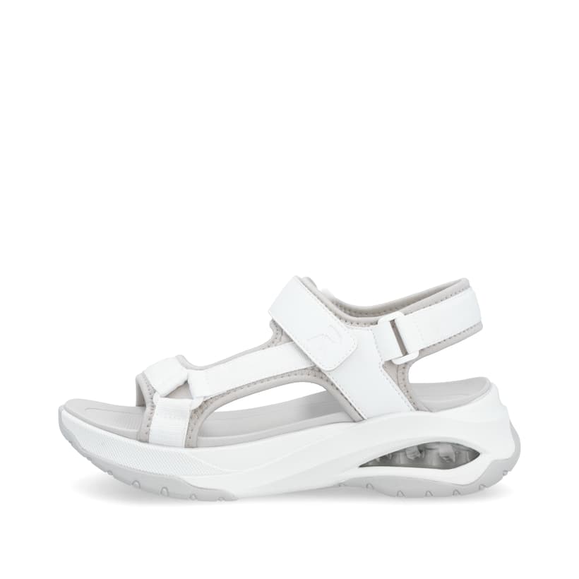 Weiße vegane Rieker Damen Trekkingsandalen W3151-80 mit einem Klettverschluss. Schuh Außenseite.