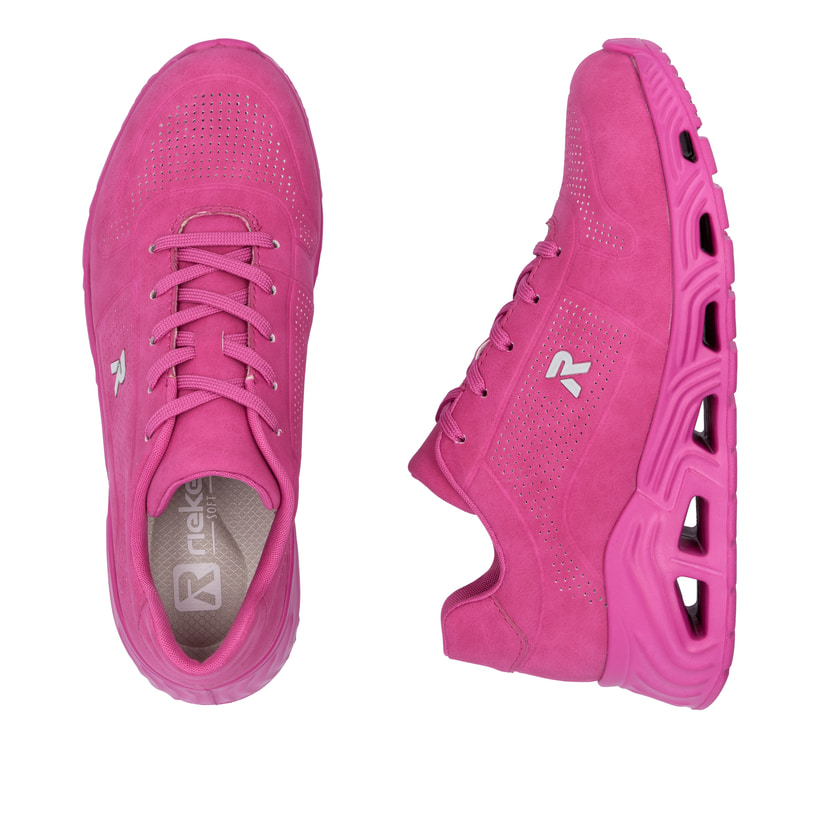 Rosane vegane Rieker Damen Sneaker Low N5202-31 mit einer Schnürung. Schuh von oben, liegend.