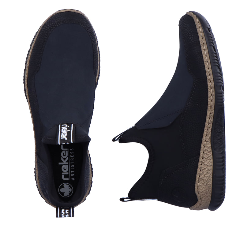 Schwarze Rieker Damen Chelsea Boots N3275-00 mit einem Gummizug. Schuh von oben, liegend.