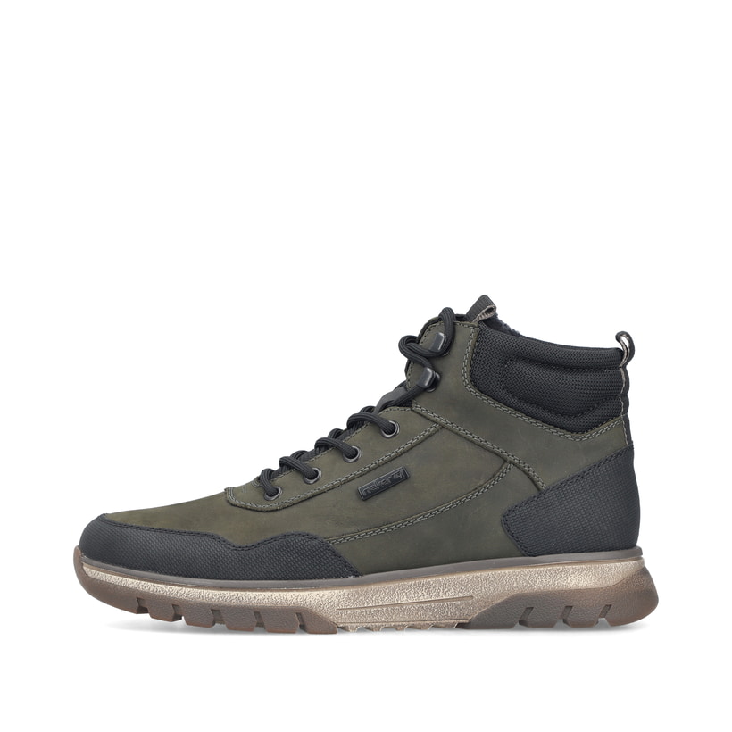Dunkelgrün-schwarze Rieker Herren Schnürstiefel B9310-54 aus Rauleder. Schuh Außenseite.