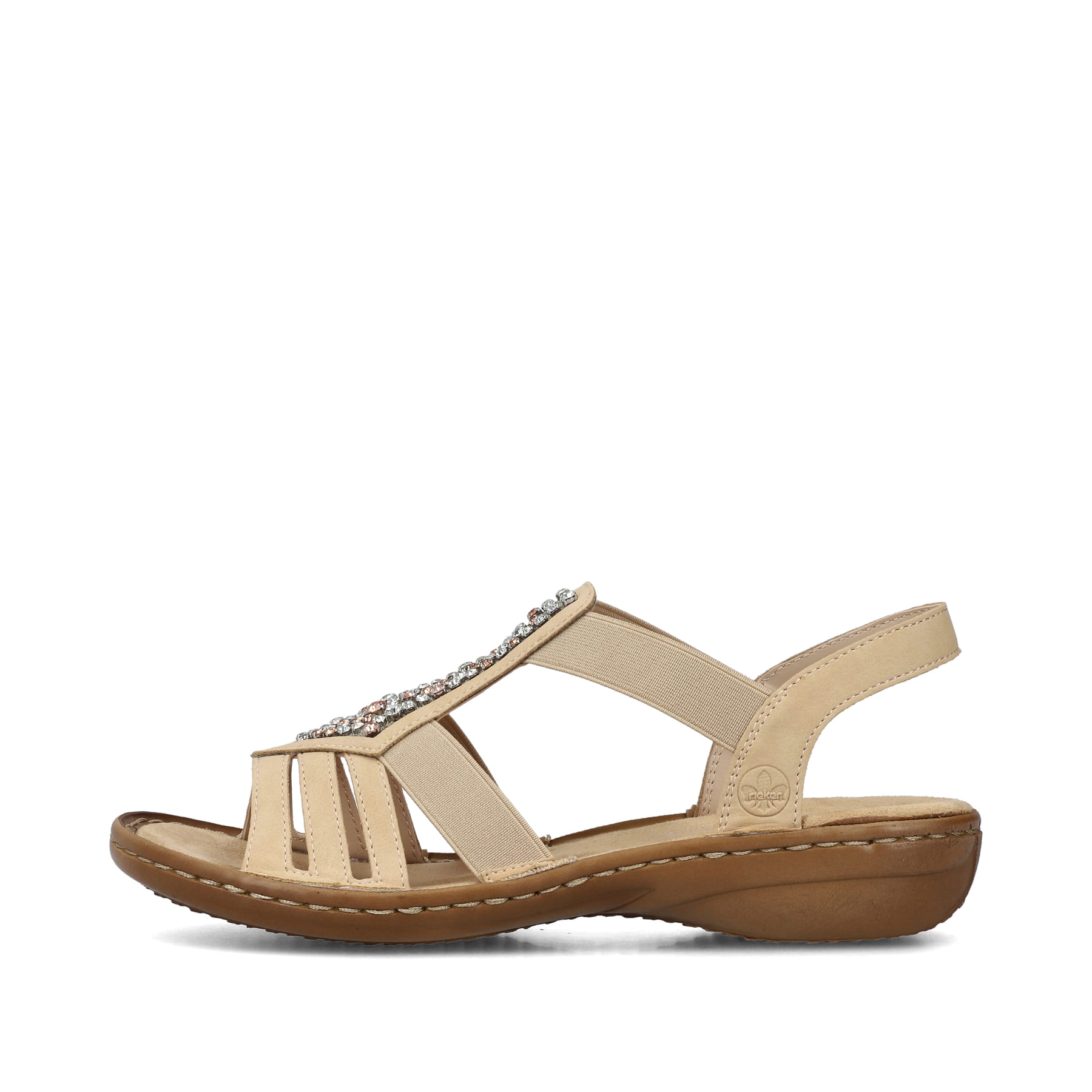 Braune Rieker Damen Riemchensandalen 60803-20 mit einem Elastikeinsatz. Schuh Außenseite.