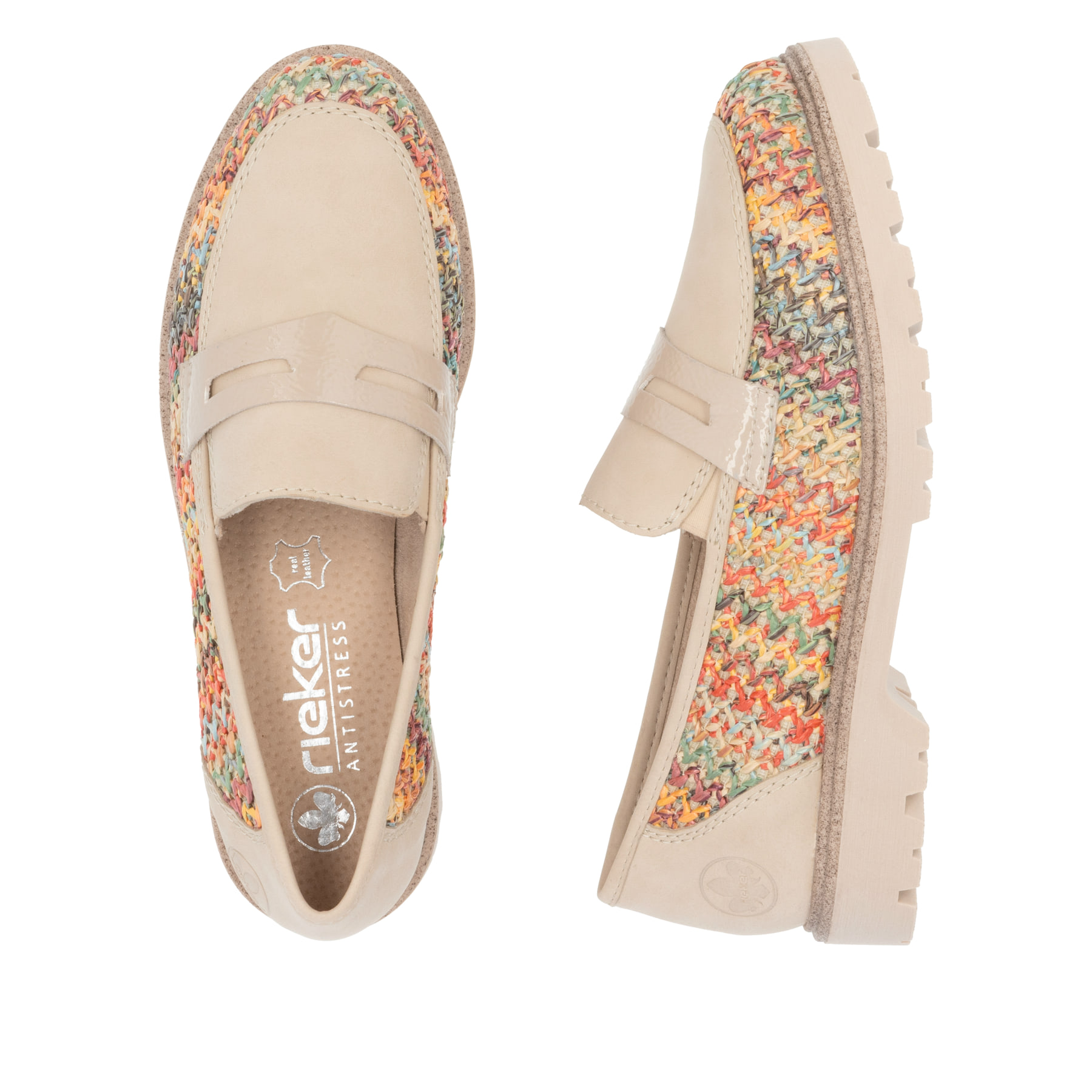 Mocassins Rieker multicolores pour femme 45562-90 avec bande élastique. Chaussure vue de dessus, couchée.