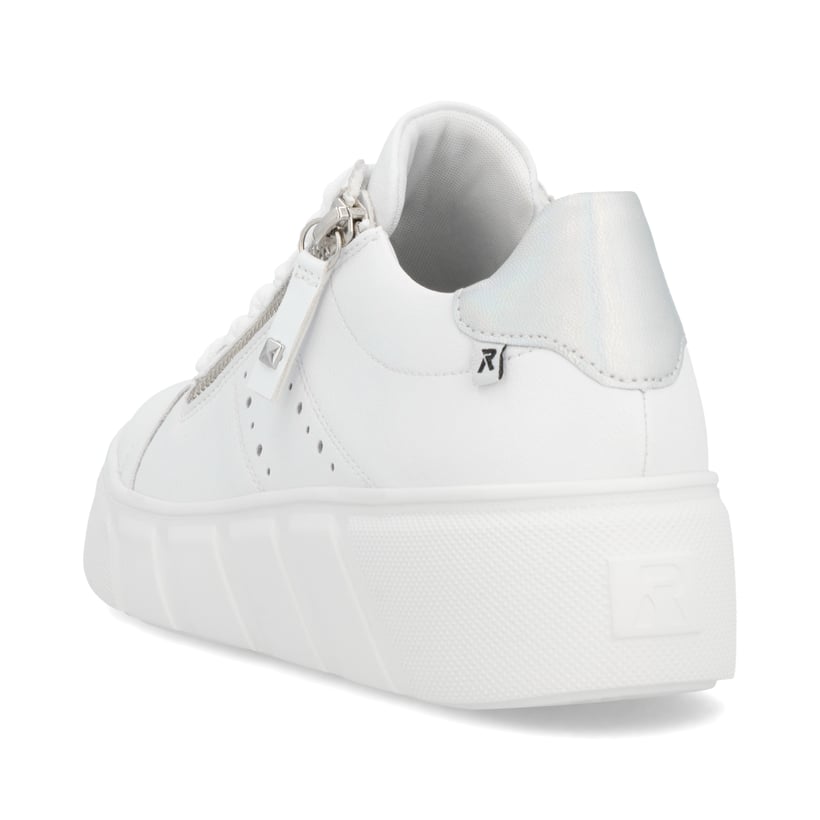 Weiße Rieker Damen Sneaker Low W2605-80 mit einem Reißverschluss. Schuh von hinten.