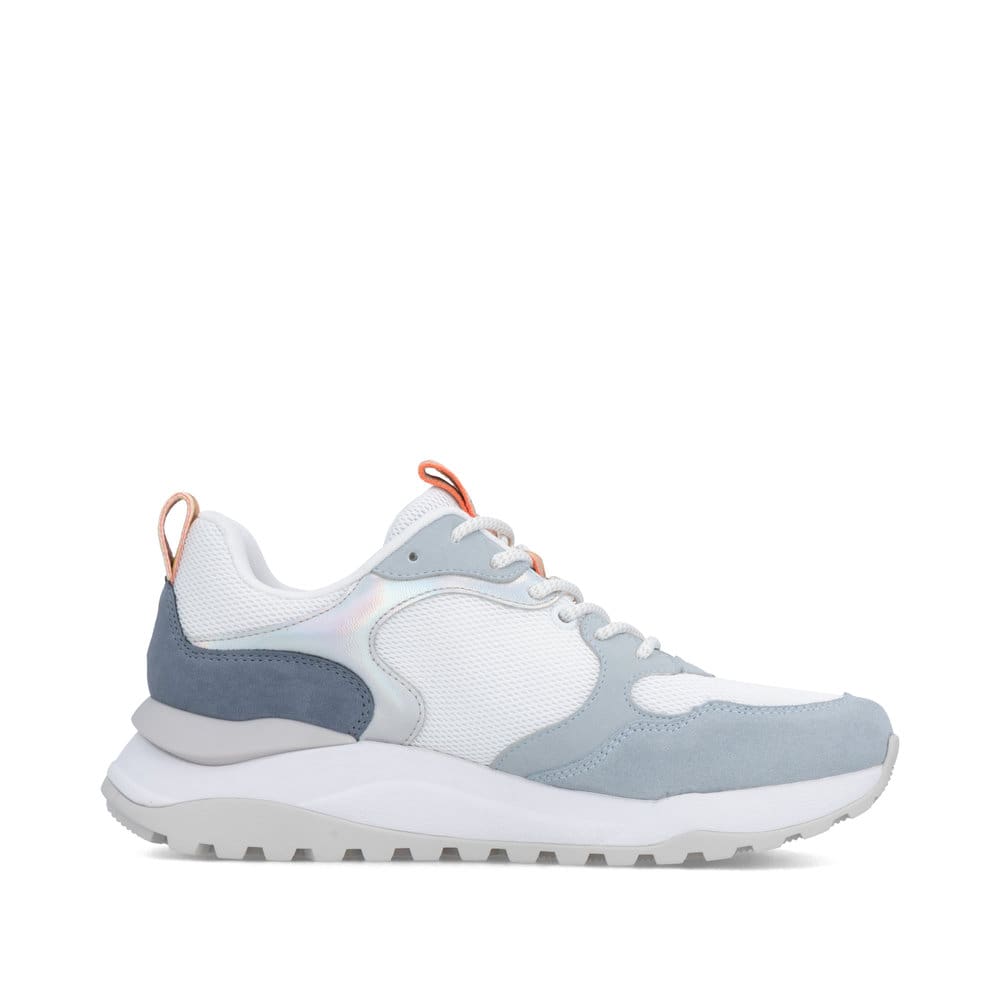 Weißblaue Rieker Damen Sneaker Low W2506-80 mit Schnürung sowie abgesetztem Logo. Schuh Innenseite.