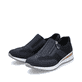 Blaue Rieker Damen Slipper 54474-14 mit einem Reißverschluss. Schuhpaar seitlich schräg.