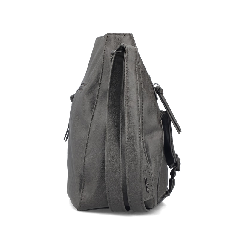 Sac à main Rieker H1340-42 en gris avec sangle décorative tressée, fermeture éclair et poche pour téléphone portable. Côté droit.