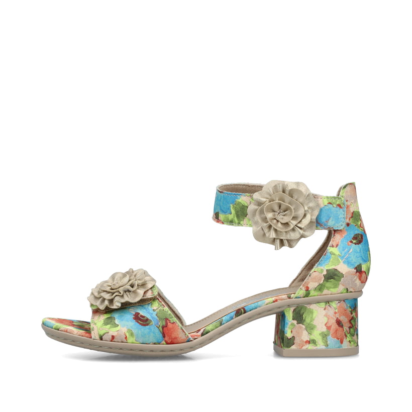 Mehrfarbige Rieker Riemchensandaletten 64958-90 mit dekorativer Blume. Schuh Außenseite.
