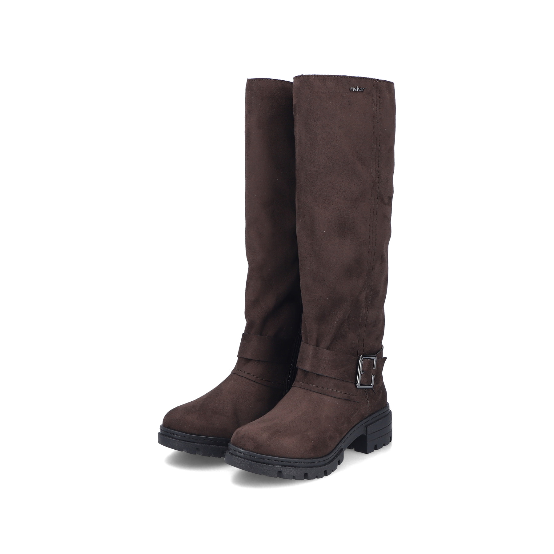 Dunkelbraune Rieker Damen Hochschaftstiefel 76892-25 mit Deko-Schnalle. Schuhpaar seitlich schräg.