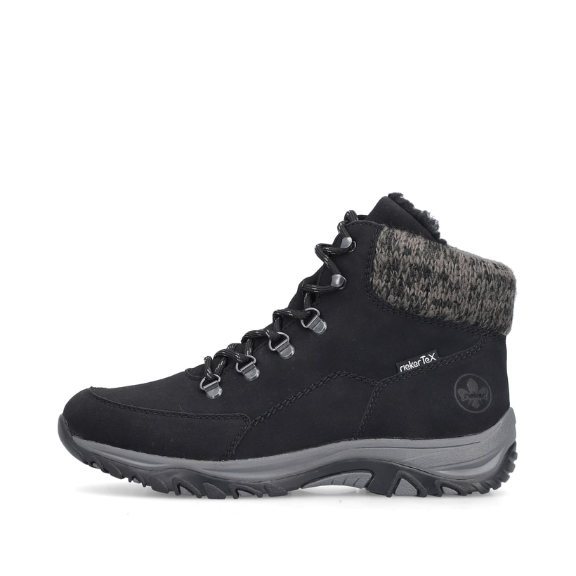 Schwarze Rieker Damen Schnürstiefel M9610-00 mit wasserabweisender TEX-Membran. Schuh Außenseite.