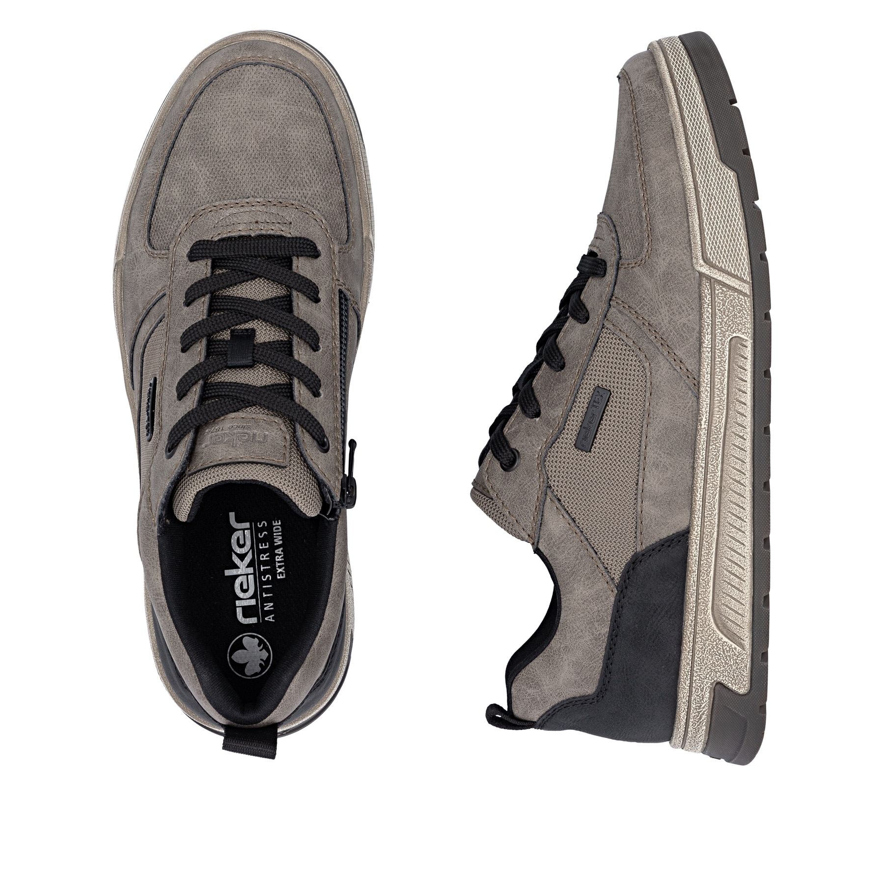 Graue Rieker Herren Sneaker Low 36000-64 mit wasserabweisender RiekerTEX-Membran. Schuh von oben, liegend.