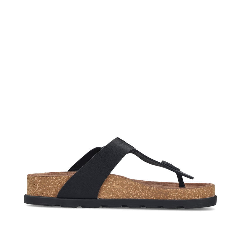 Tongs Rieker noires pour femme V3150-00 en cuir lisse avec boucles. Côté intérieur de la chaussure.