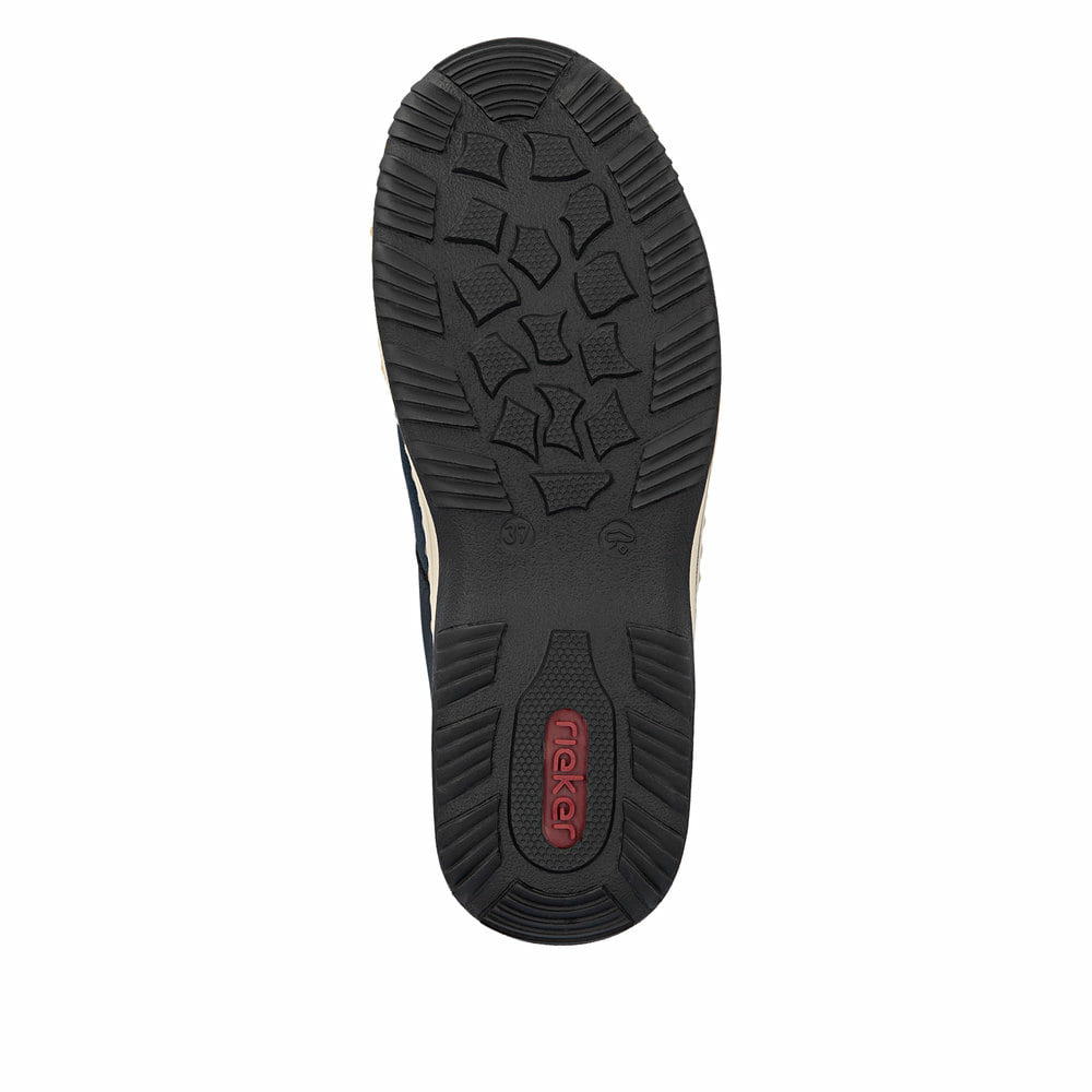Dunkelblaue Rieker Damen Slipper L0593-14 mit einem Gummizug. Schuh Laufsohle.