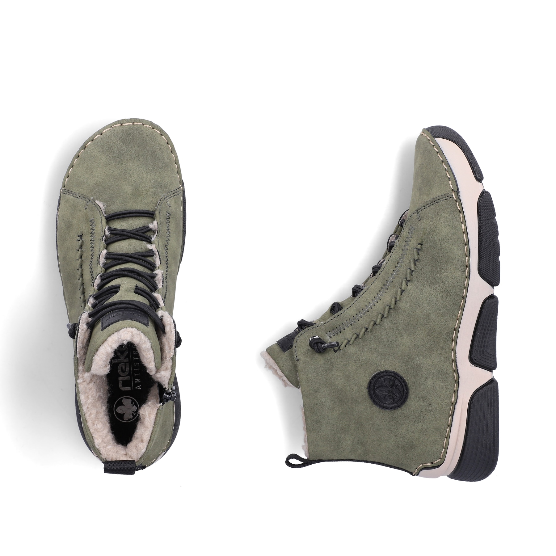 Khaki-schwarze Rieker Damen Schnürstiefel 45912-54 mit markanter Anflechter-Naht. Schuh von oben, liegend.